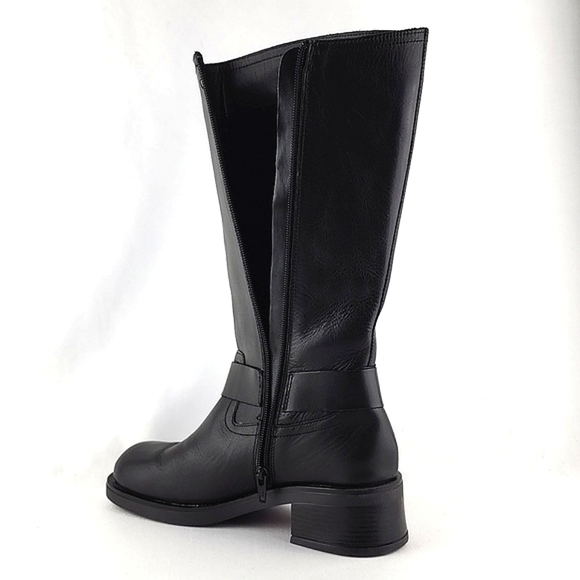 Yokono Women's Tall Black Leather Riding Biker Boots Strap Buckle Block Heel 39 - Picture 8 of 16